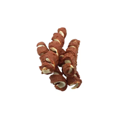 REAL DOG Rawhide Curl with Duck 18–20 cm 500 g – Kacsahússal tekert marhabőr rágóspirál kutyáknak